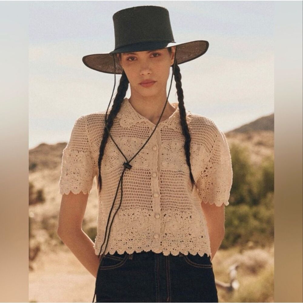 The Great Crochet Polo Blouse Top Size Medium Natural Ivory Knit Button Up Boho
